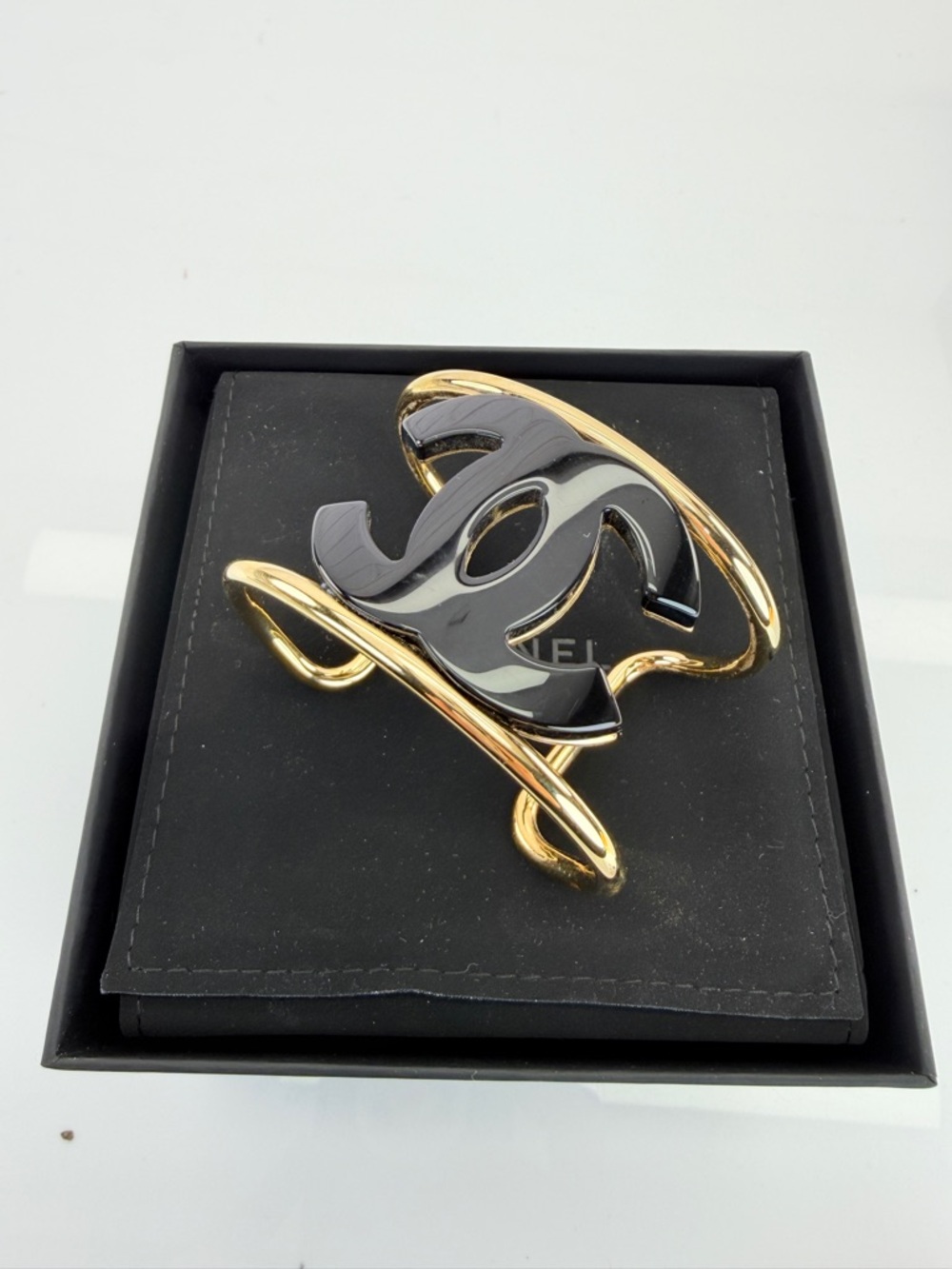 CHANEL Cuff Coco Mark Black and Gold Double C Logo Cuff Bracelet